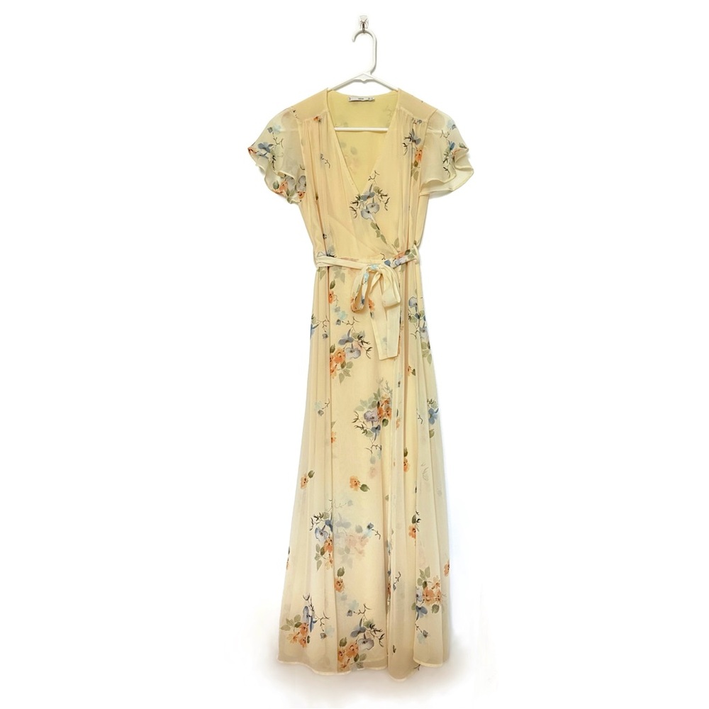 Mango Yellow Floral Wrap Dress, Size 2